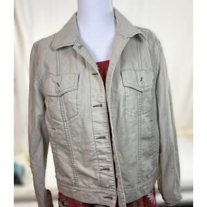 Eddie Bauer Linen Cotton Trucker Jacket Sand Beige Medium Y2K Safari Utility Era